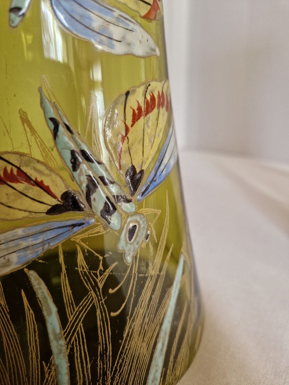 Pair of Enameled Glass Vases with Dragonflies. Unsigned Legras