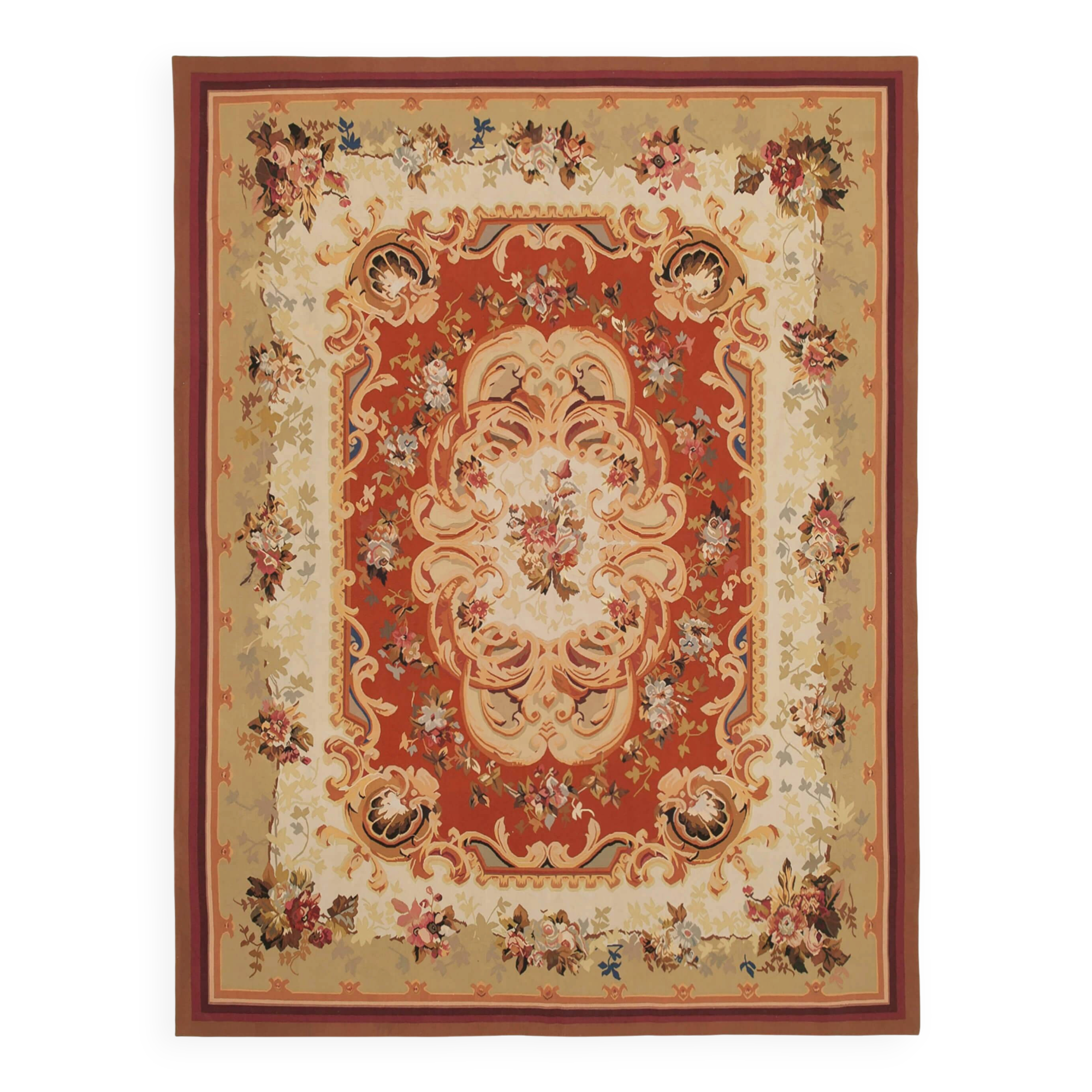 Handmade European Vintage Aubusson Kilim 273 cm x 367 cm