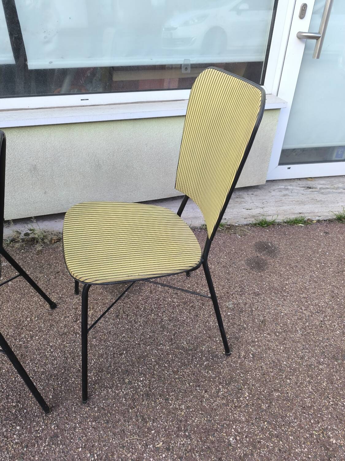 Set of 3 vintage yellow and red faux leather chairs.