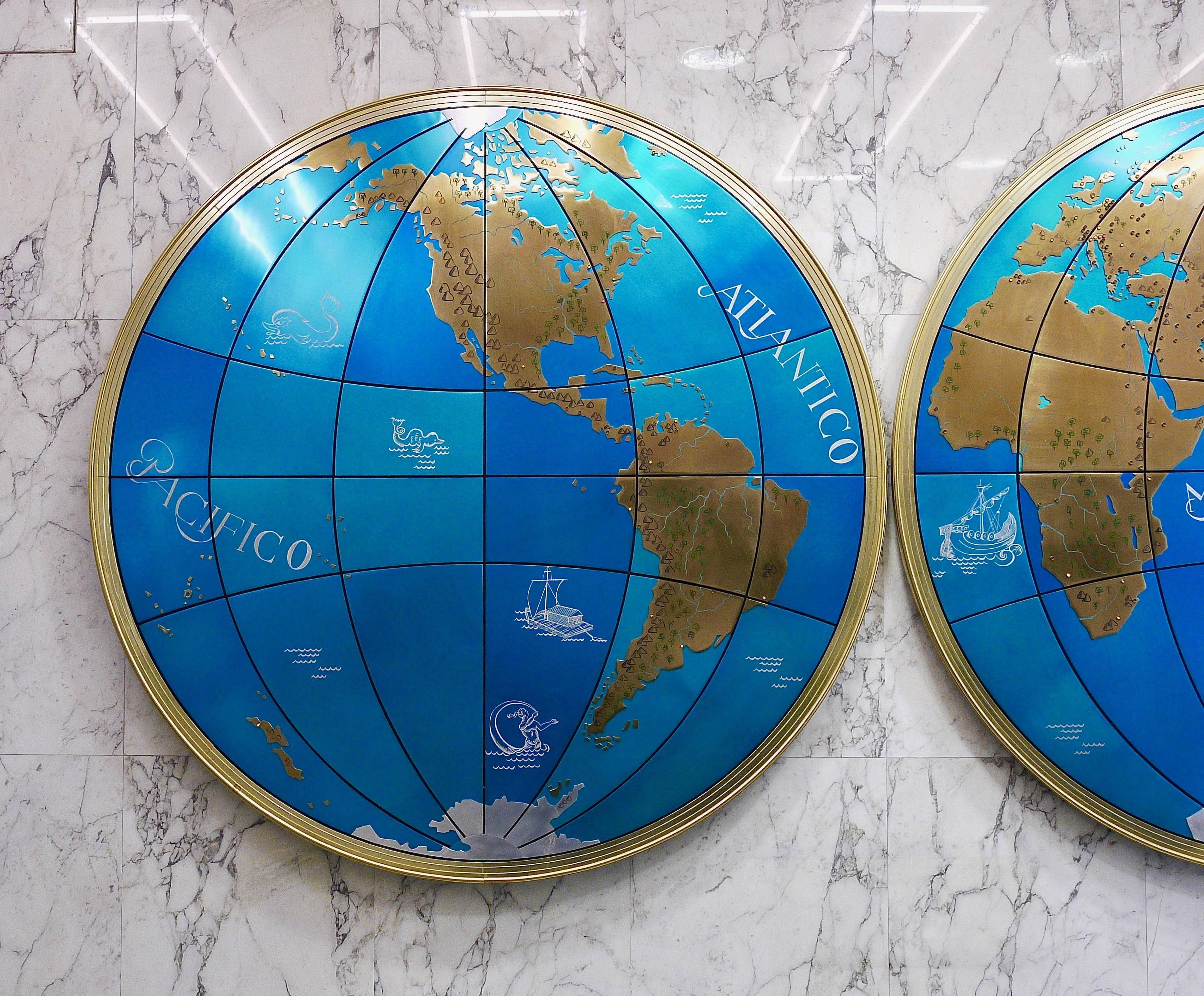 Impressive pair of two giant modern wall globes, world map, diameter 95 inches, 1950s.