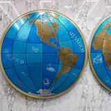 Impressive pair of two giant modern wall globes, world map, diameter 95 inches, 1950s.