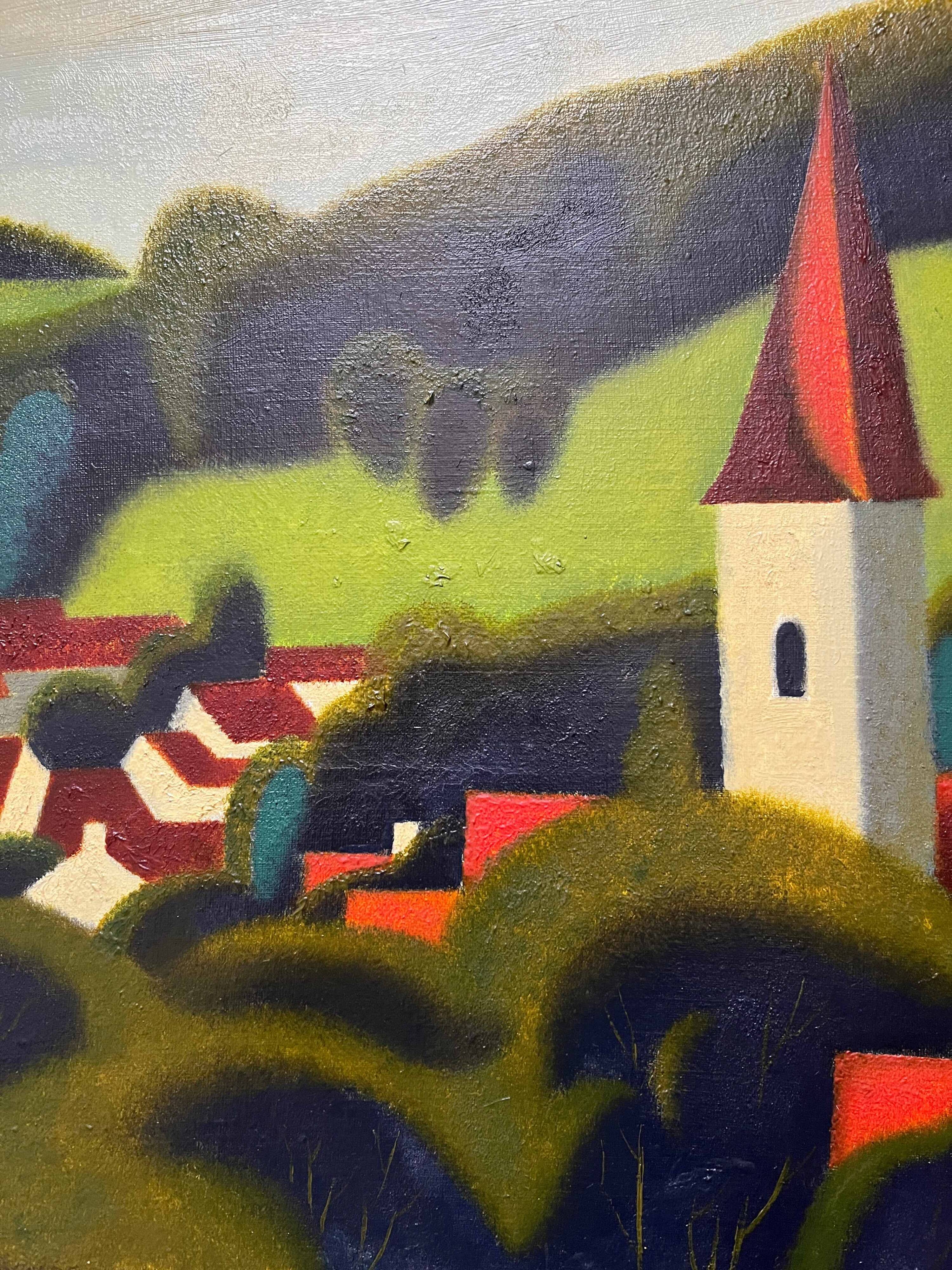 Tableau HST Post Cubiste encadré "Le village au clocher" signé DC