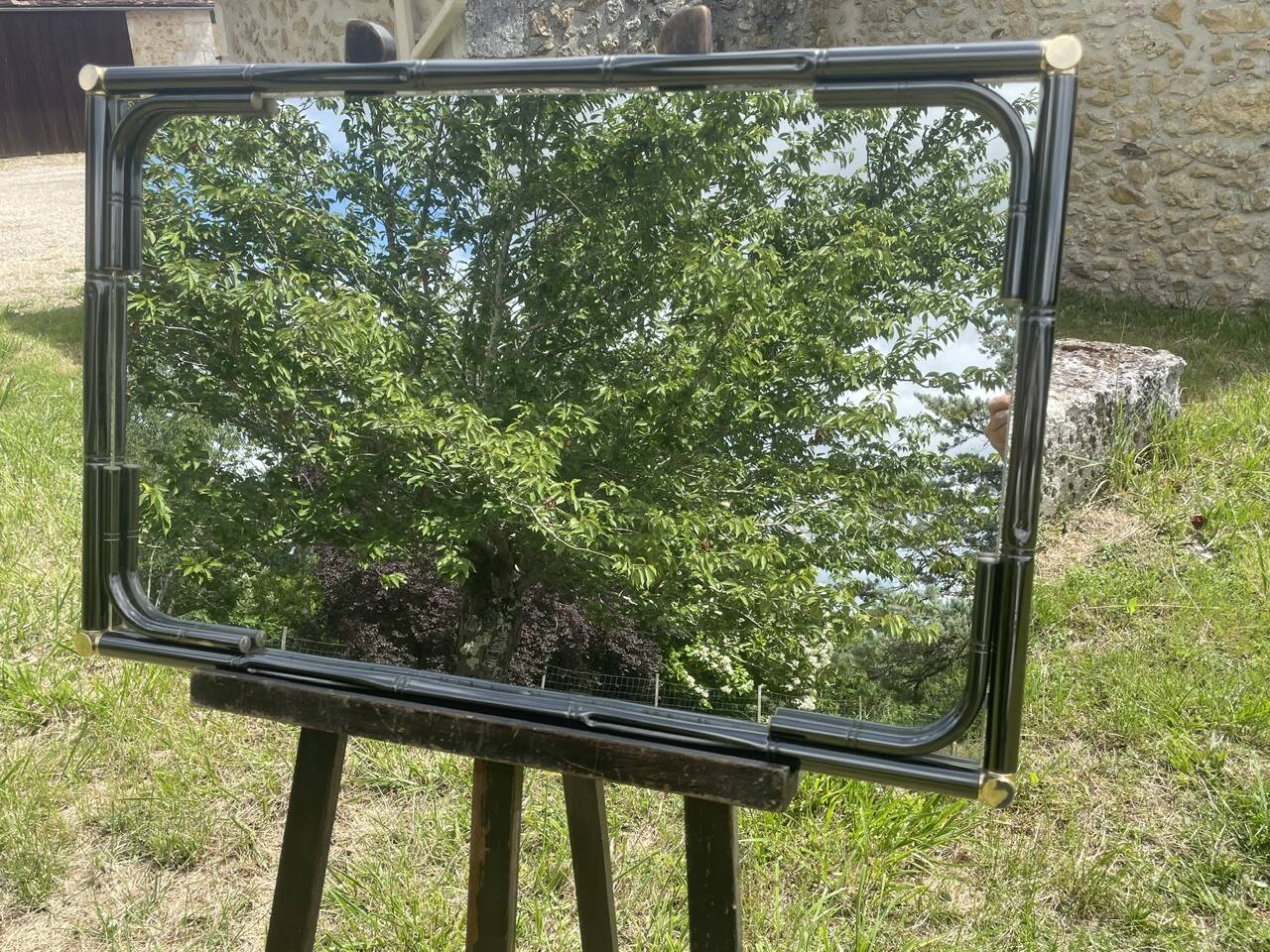 Vintage rectangular wall mirror in tubular metal and brass, 1970s/1980s.