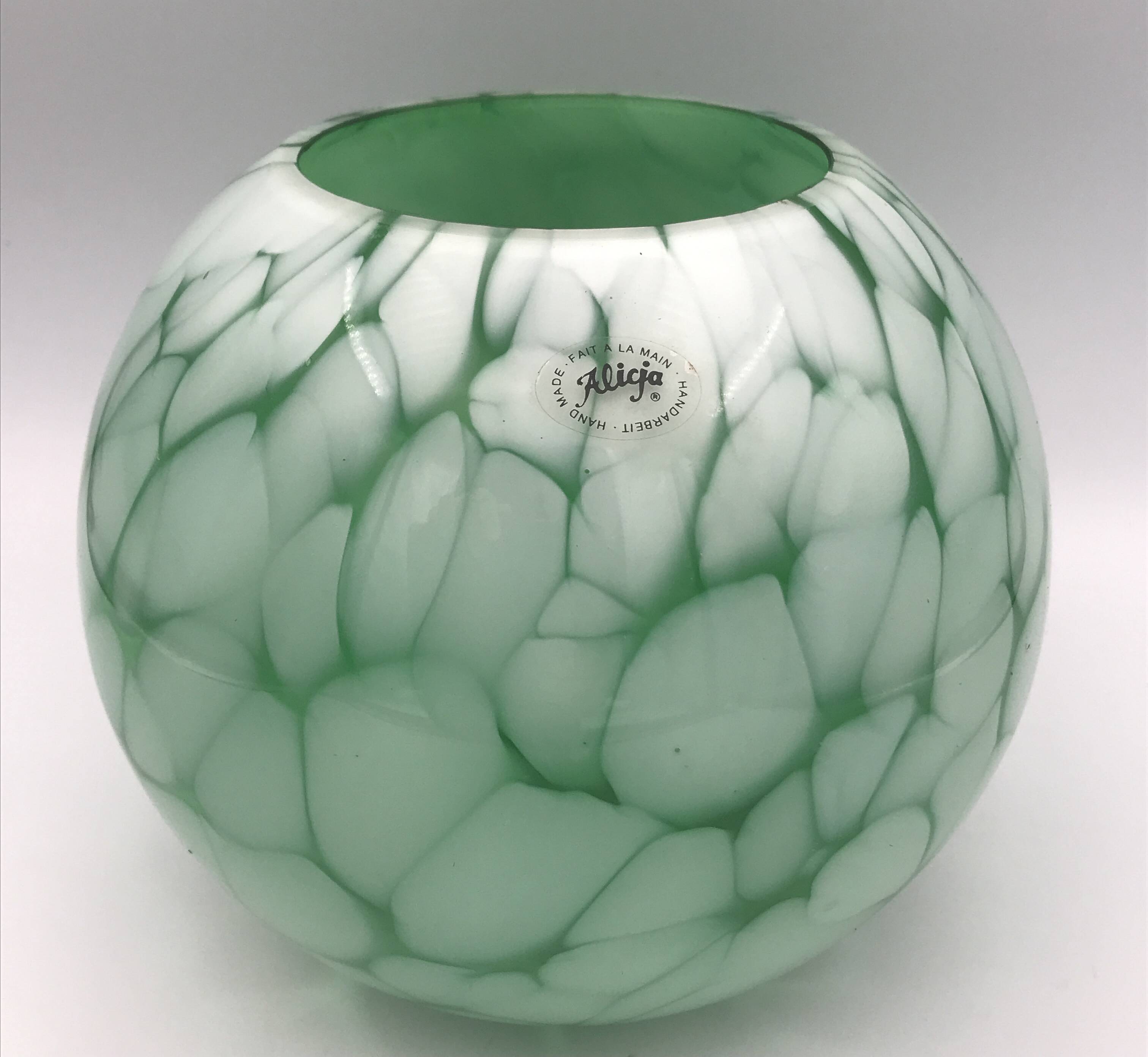 Vintage glass vase ball shape handmade alicja green and white