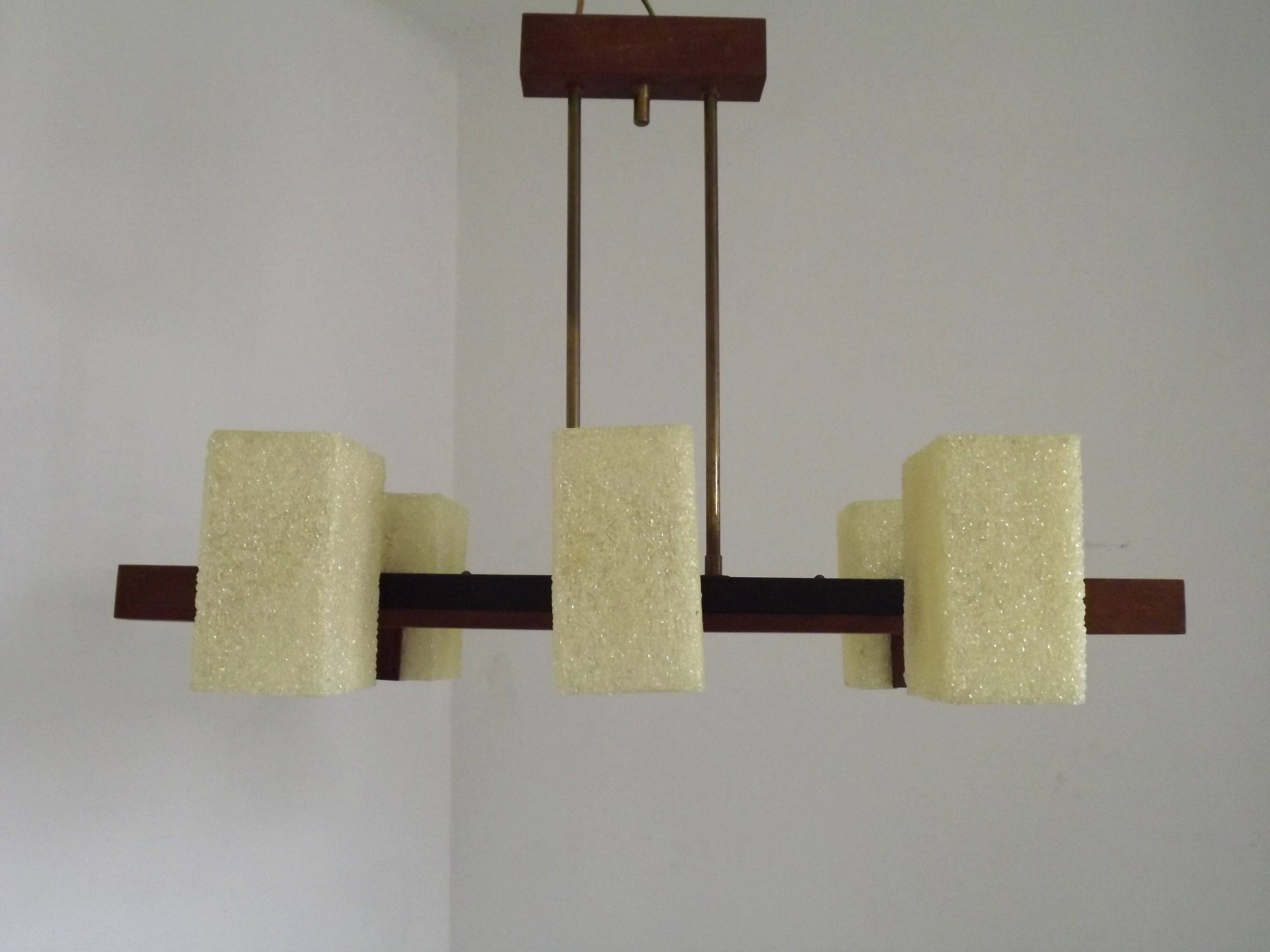 Vintage Retro Scandinavian Style 6 Light Teak Brass & Perspex Chandelier 4444