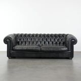 Black chesterfield 3-seater sofa made of cowhide leather in English style