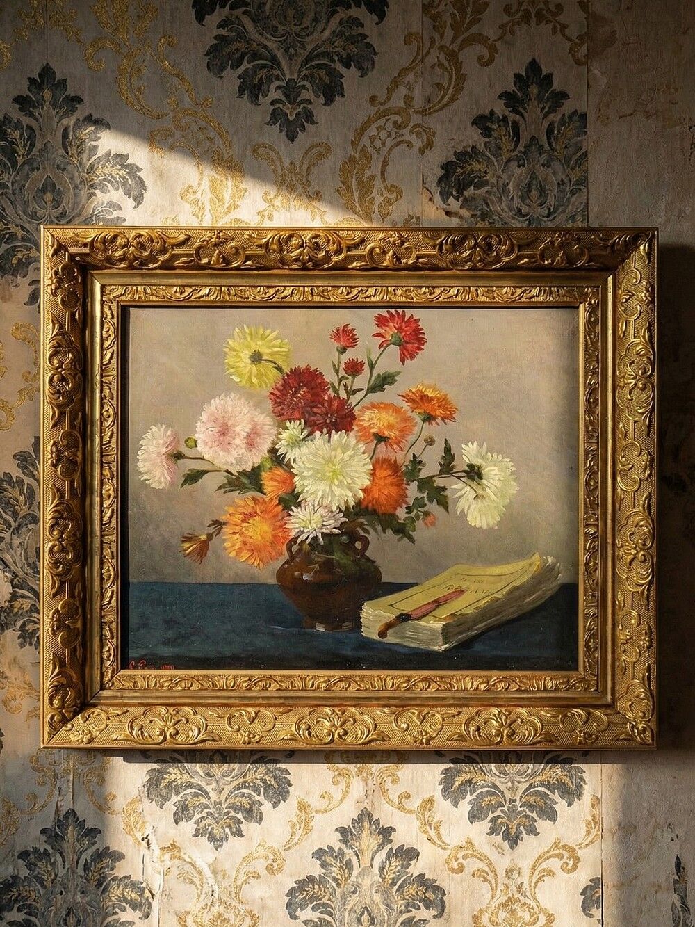 Oil painting on canvas, still life with chrysanthemums, signed L.Porte 1888.