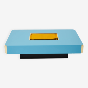 Table basse de Willy Rizzo modèle Alveo laquée bleue laiton 1970