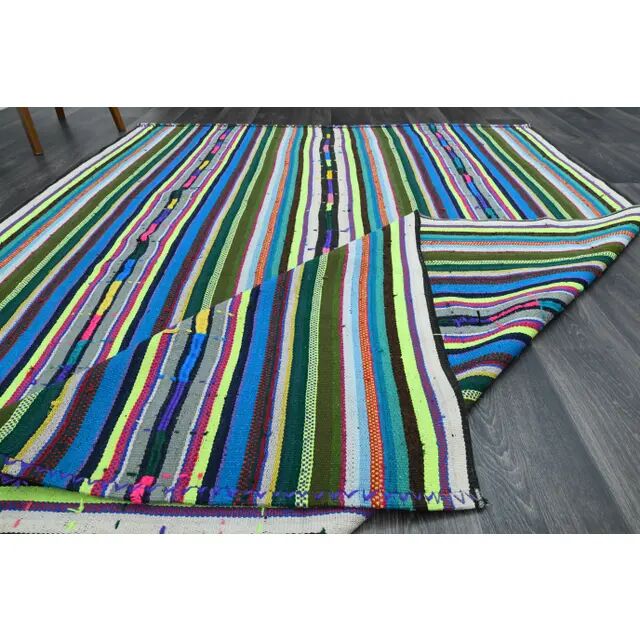 1970s Vintage Turkish Oushak Handmade Wool Cotton Green Area Rug 196x271