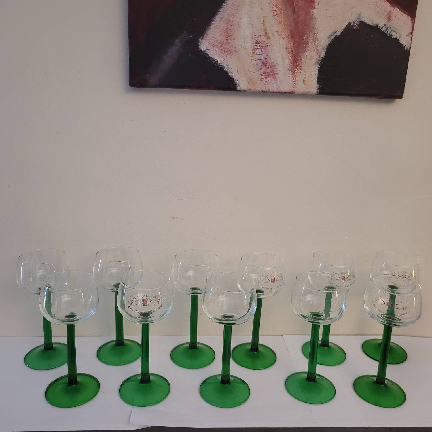 Verres d’Alsace à pied vert. Années 70