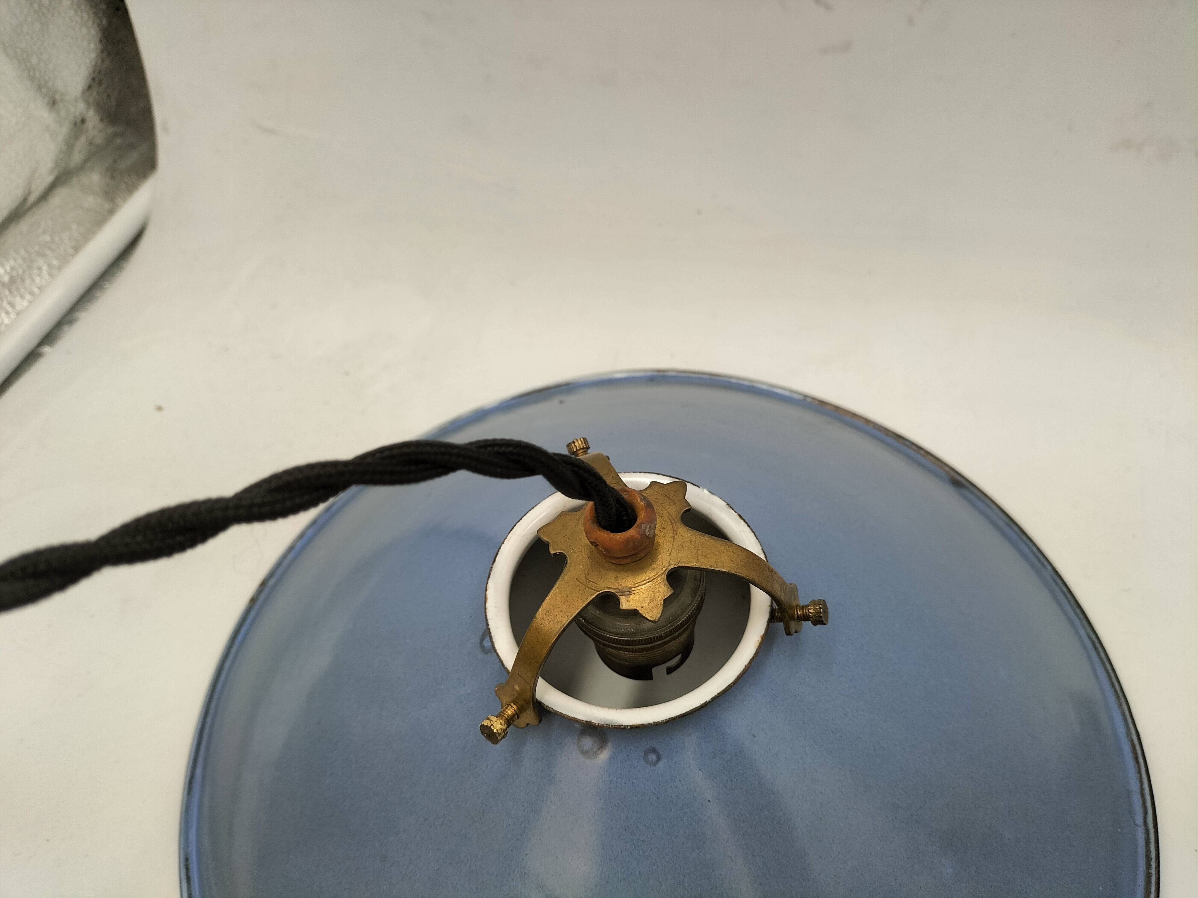 Pair of blue enameled sheet metal pendant lights