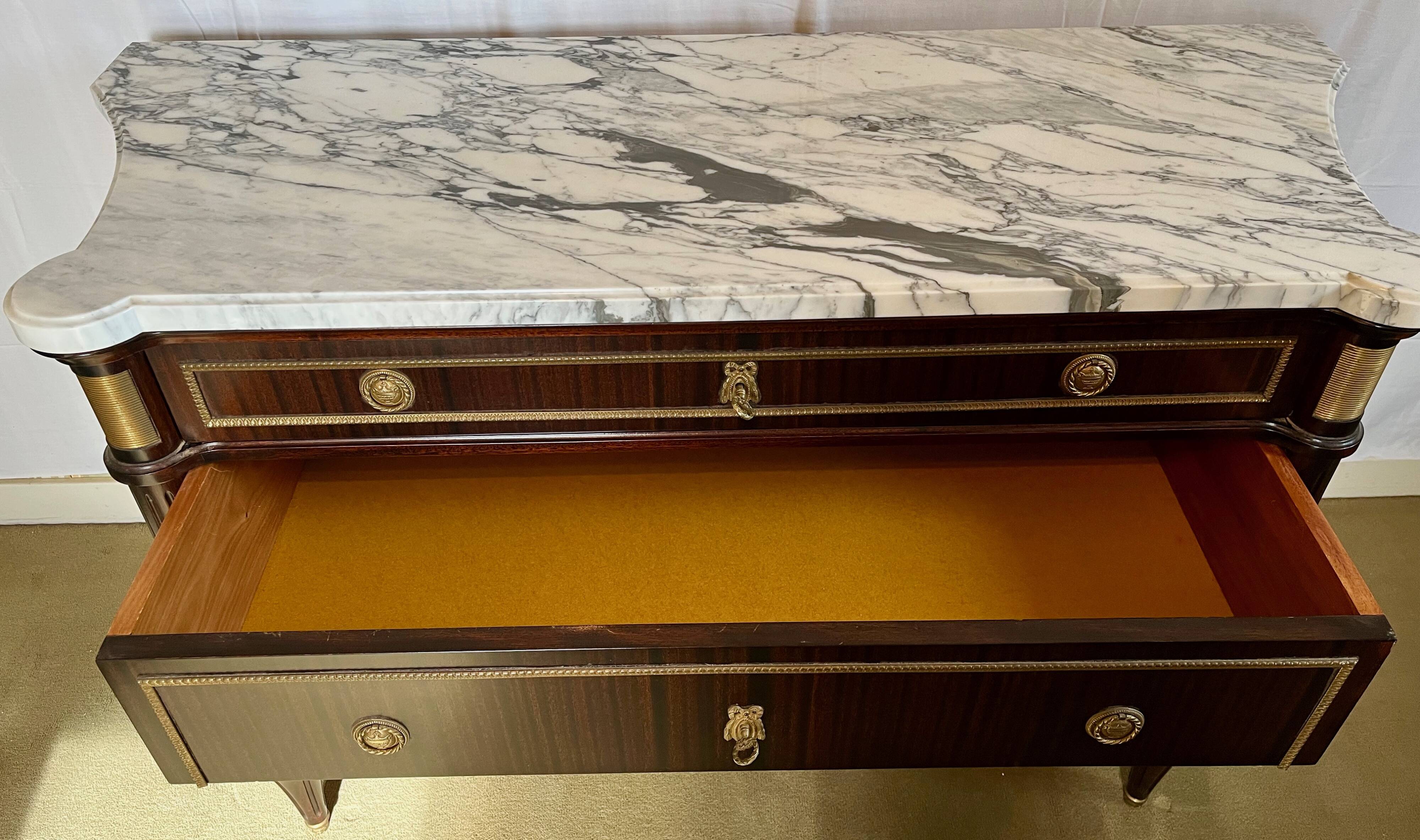 Large Louis XVI style chest of drawers, marble top.
