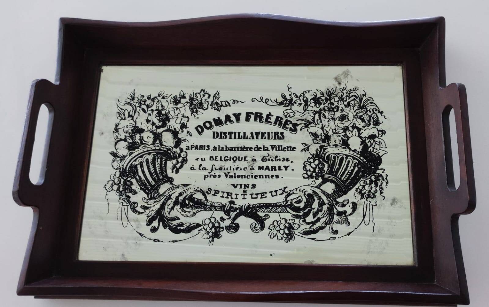 Ancien plateau de bar en bois et miroir sérigraphié "Doubay Frères"