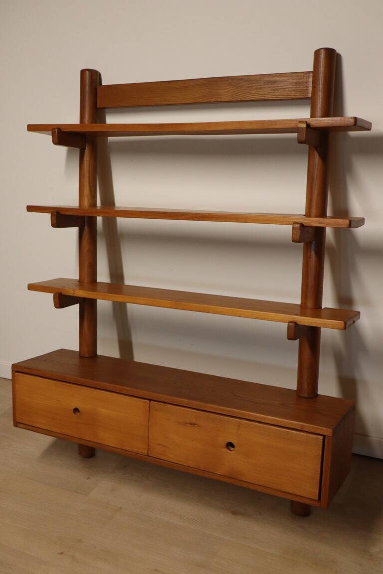 Vintage wall shelf unit in solid elm, 1970s