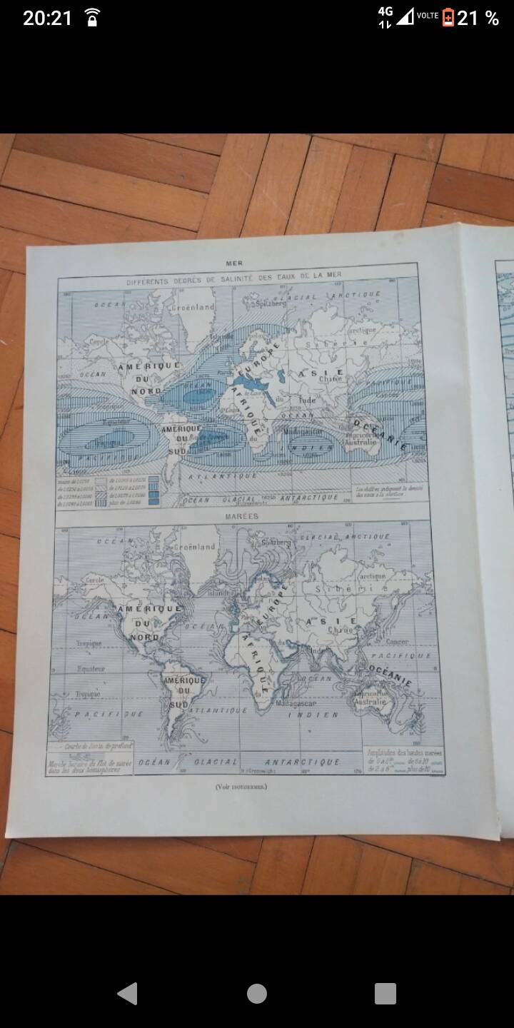 Old geographical map seas currents isobars isotherms Larousse