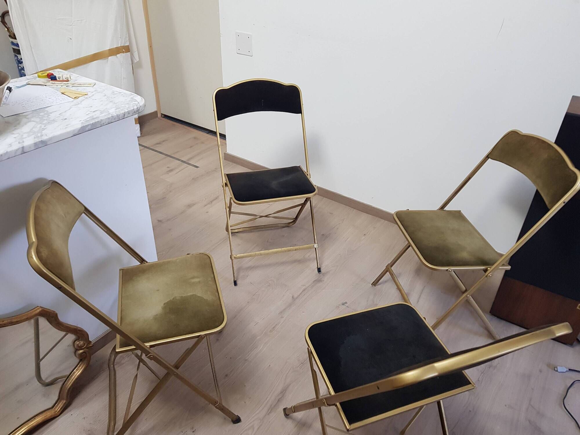 Set of 4 opera theater folding chairs from the 70s two-tone velvet brass