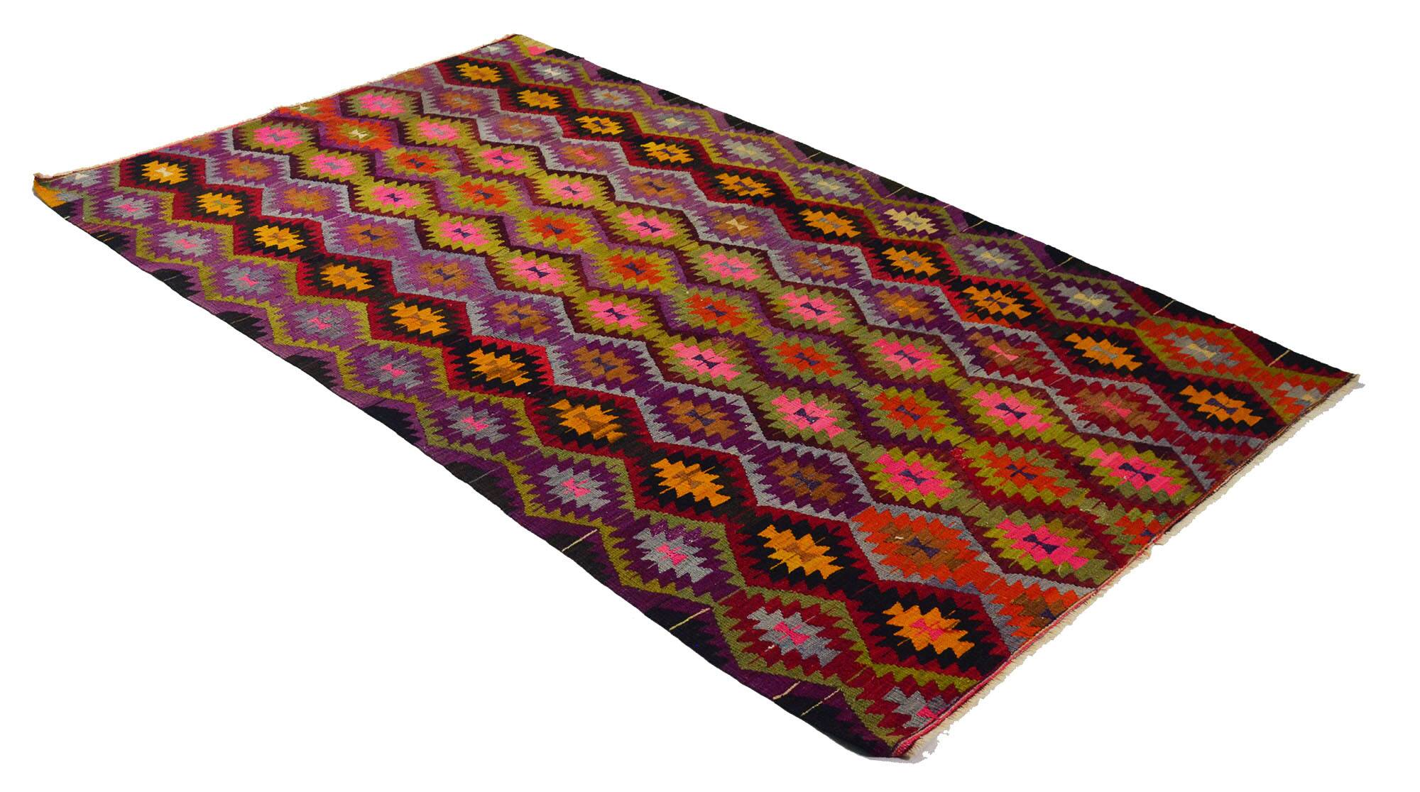 Turkish Kilim Yuruk Vintage 165x275 cm Geometric Pink Green Yellow