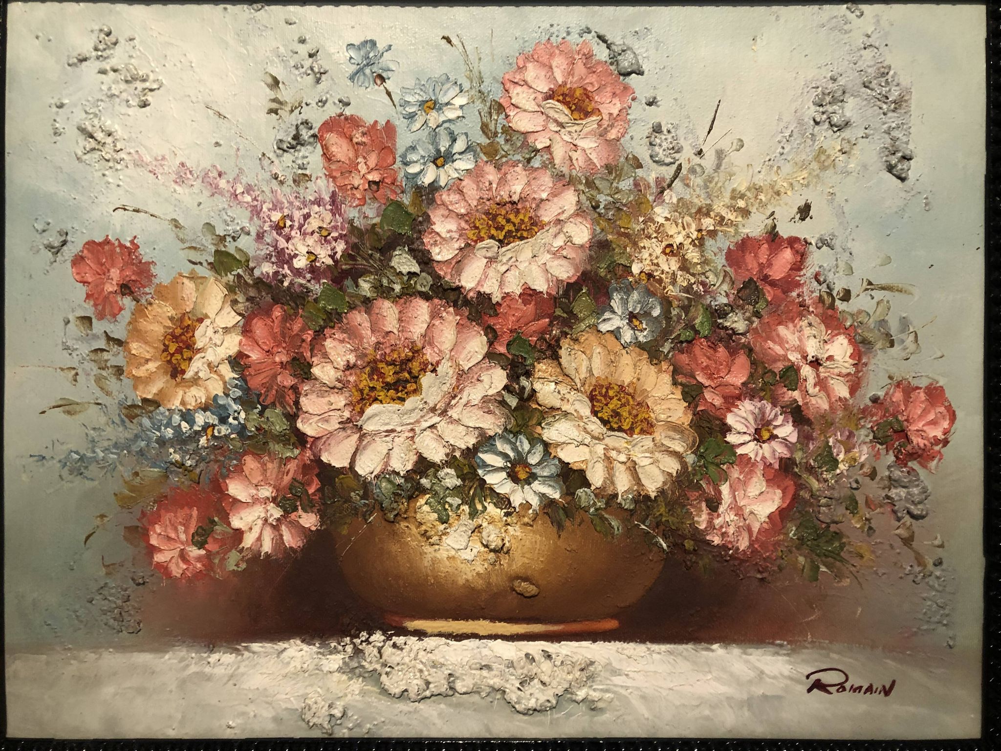 Ancient painting signed romain of a bouquet of flowers in a vase