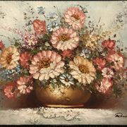 Ancient painting signed romain of a bouquet of flowers in a vase