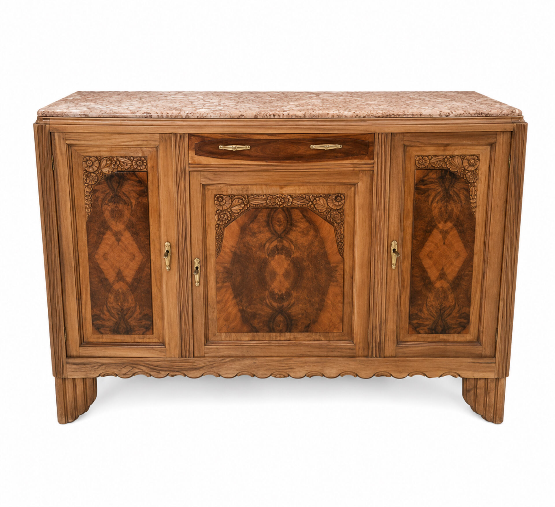 Large Art Deco buffet in walnut veneer and marble, 1930s