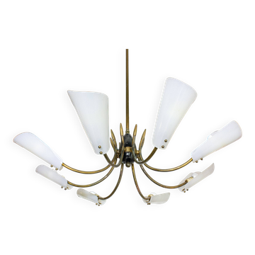 Lustre araignée radial italien vintage avec abat-jour givrés, années 1970