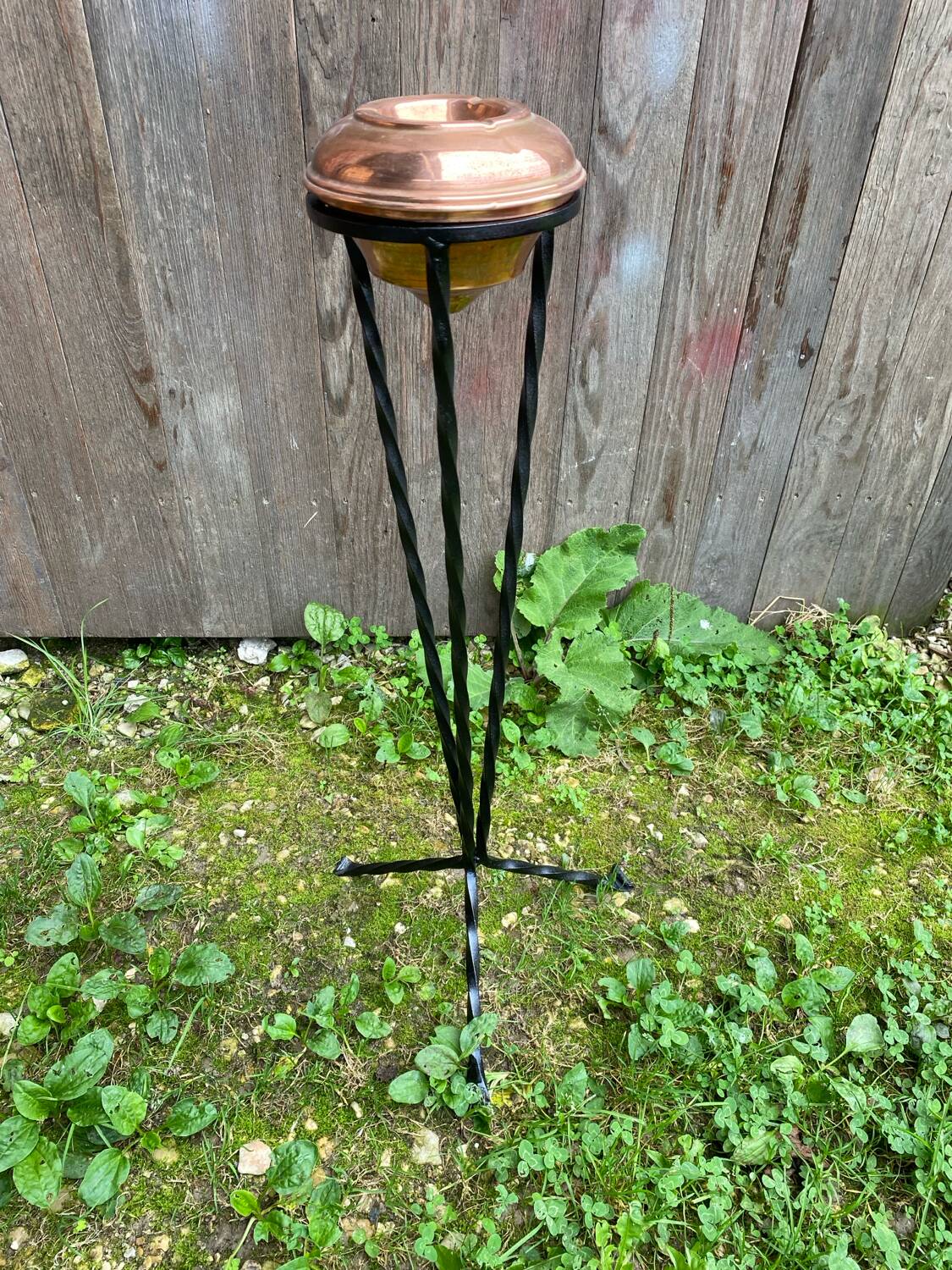 Antique copper ashtray on wrought iron stand twisted black vintage