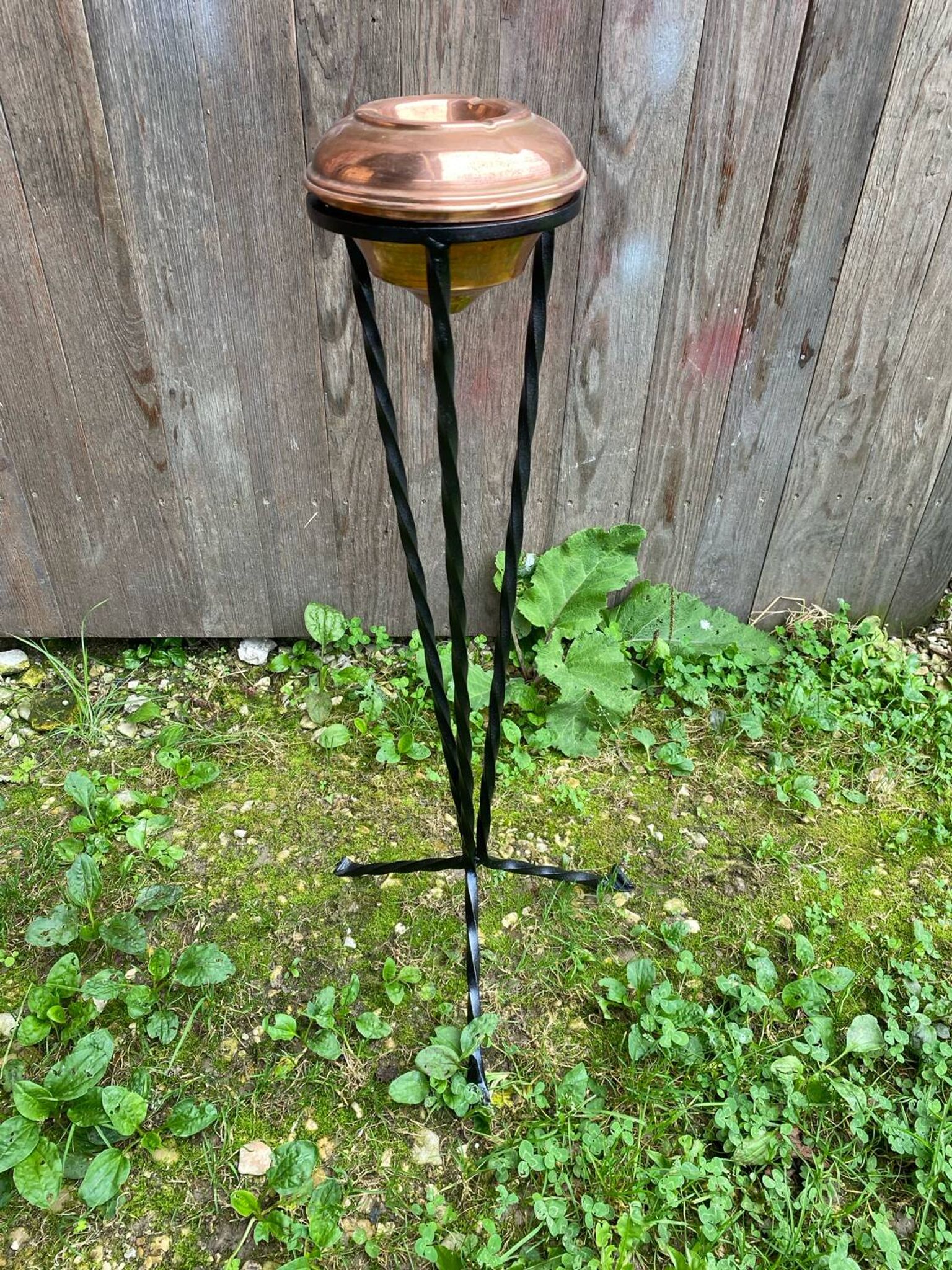 Antique copper ashtray on wrought iron stand twisted black vintage