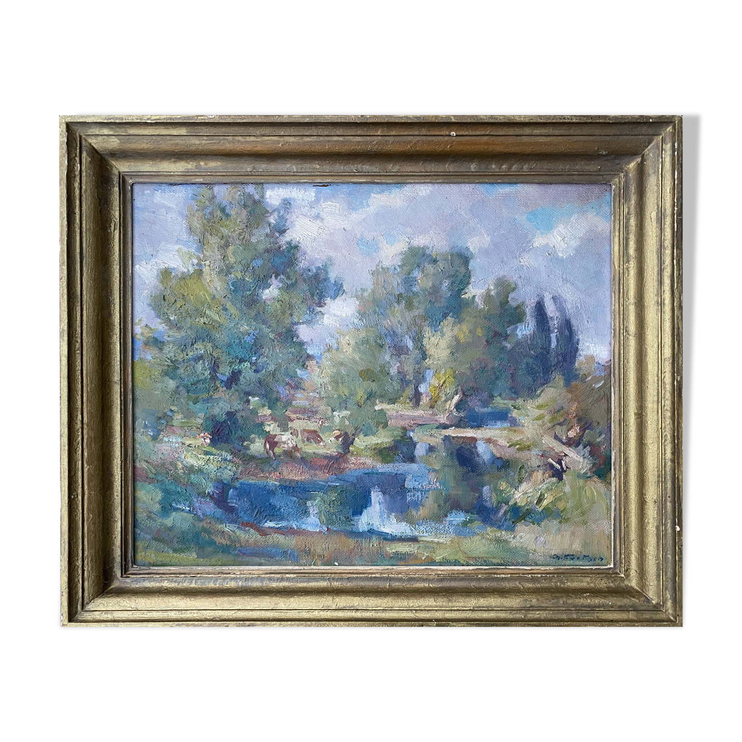 Table ec. French HSP “Edge of pond with trees” signed (to be deciphered)