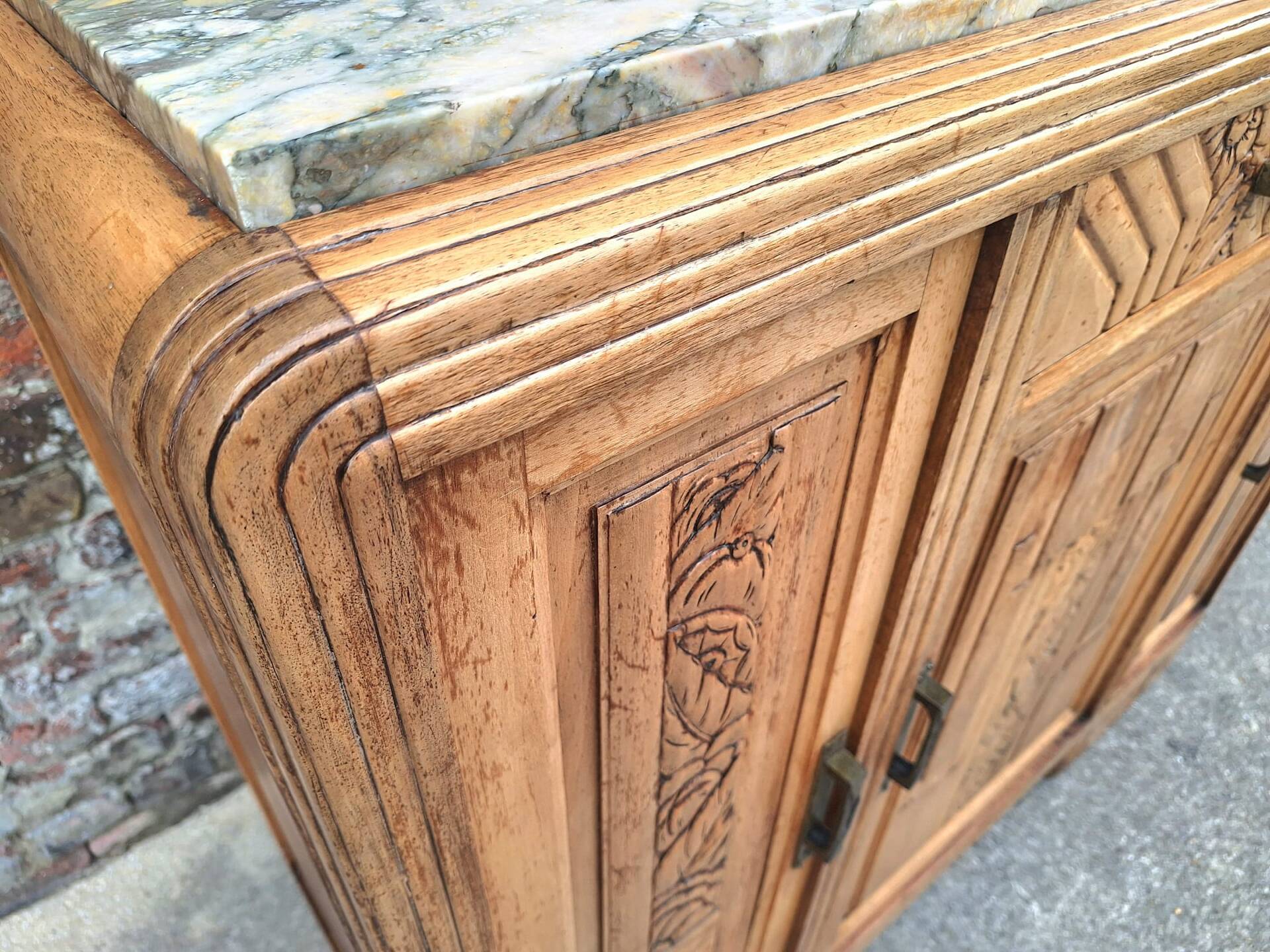 Art Deco buffet with marble top, antique sideboard.
