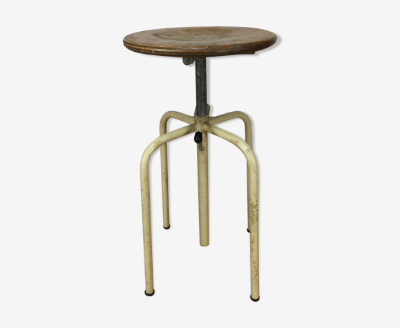 Tabouret d'atelier à système, métal et bois, réglable style industriel