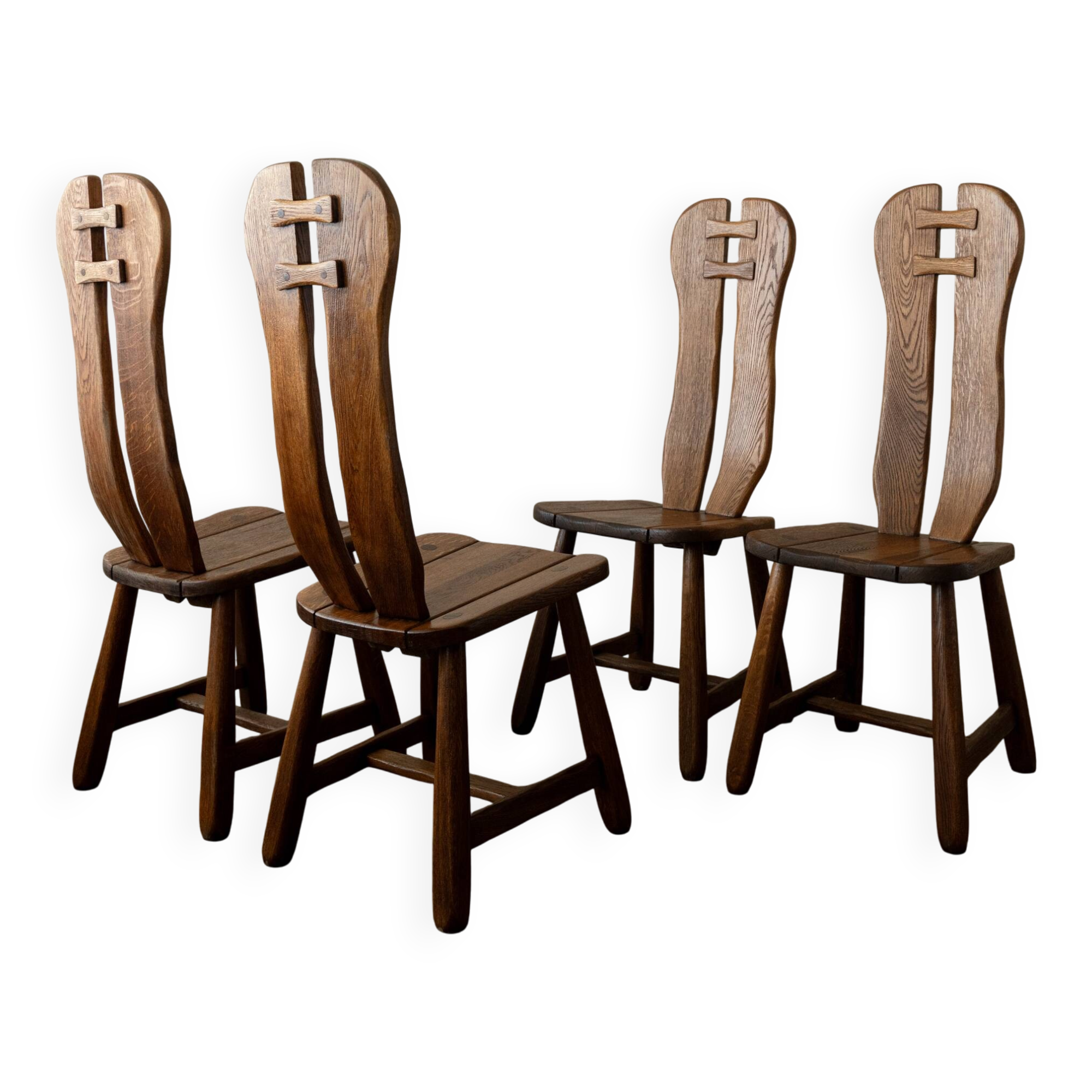 Brutalist Oak Dining Chairs Sculptural Backs by De Puydt, 1960s, Set of 4