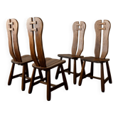 Brutalist Oak Dining Chairs Sculptural Backs by De Puydt, 1960s, Set of 4