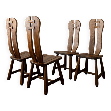 4 chaises de salle à manger brutalistes en chêne avec dossiers sculpturaux par De Puydt, années 1960