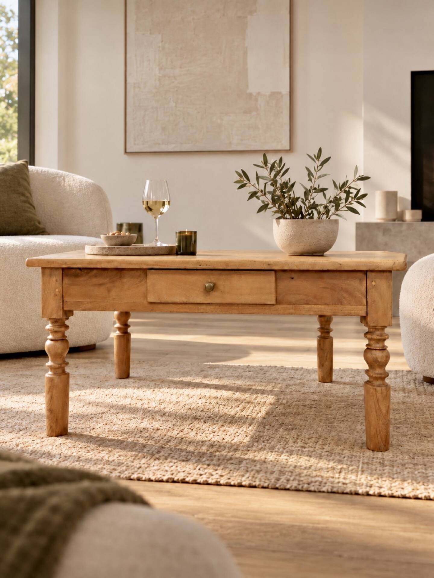 Antique coffee table in solid elm with turned legs.