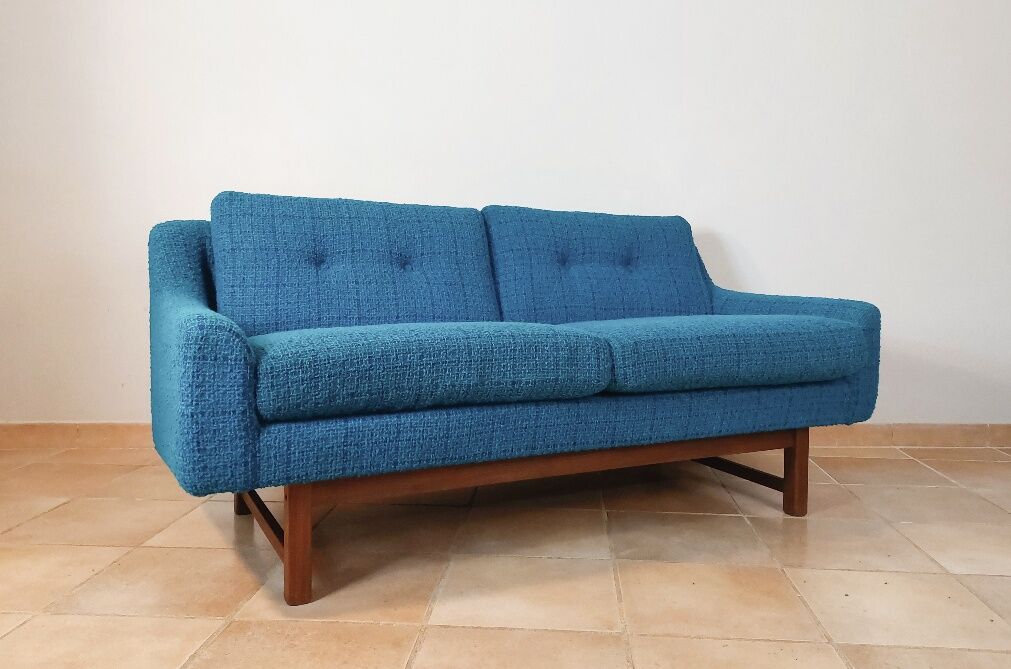 Norwegian living room set in blue fabric, vintage scandinavian 1960s