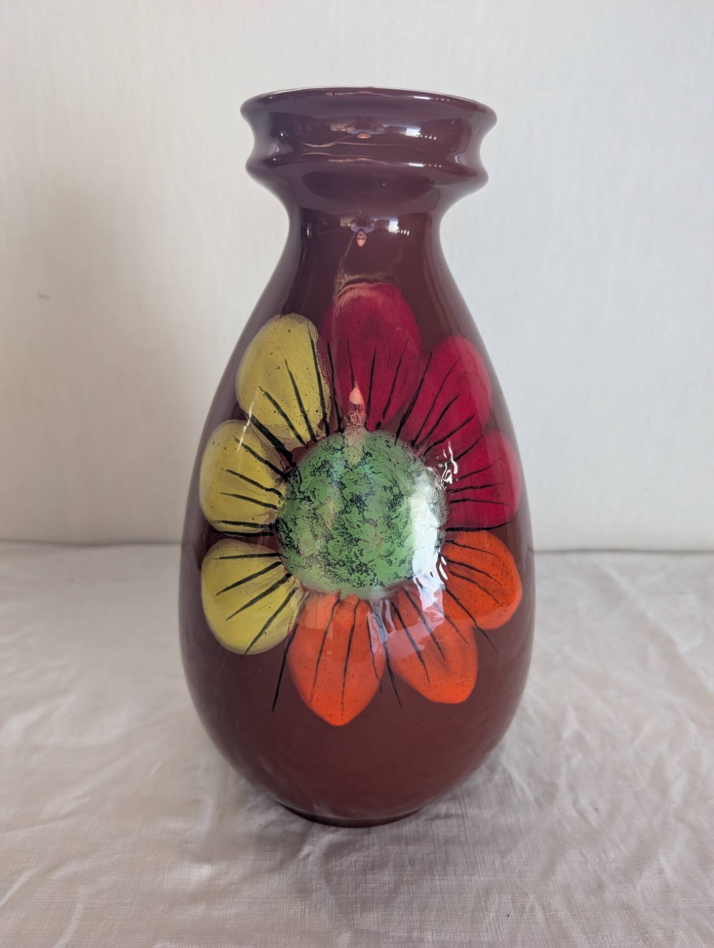 Large glazed ceramic vase with floral decoration – 1970s