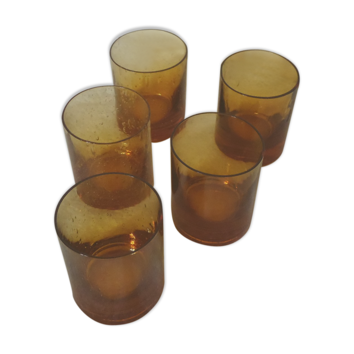 5 glasses of water blown glass bubbled amber amber