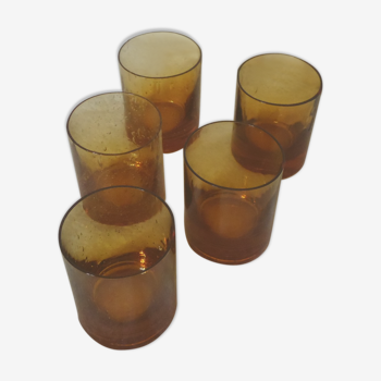 5 glasses of water blown glass bubbled amber amber