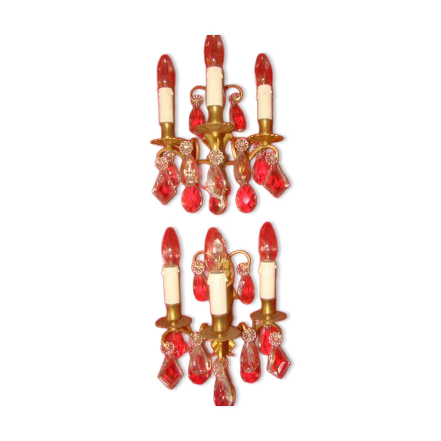 Pair of bronze and crystal wall lights with three candle holders from the early 20th century.