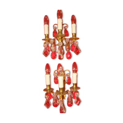 paire d'appliques bronze et cristal à 3 bougeoirs époque début 20 ème
