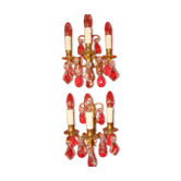 Pair of bronze and crystal wall lights with three candle holders from the early 20th century.