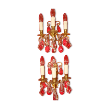 paire d'appliques bronze et cristal à 3 bougeoirs époque début 20 ème