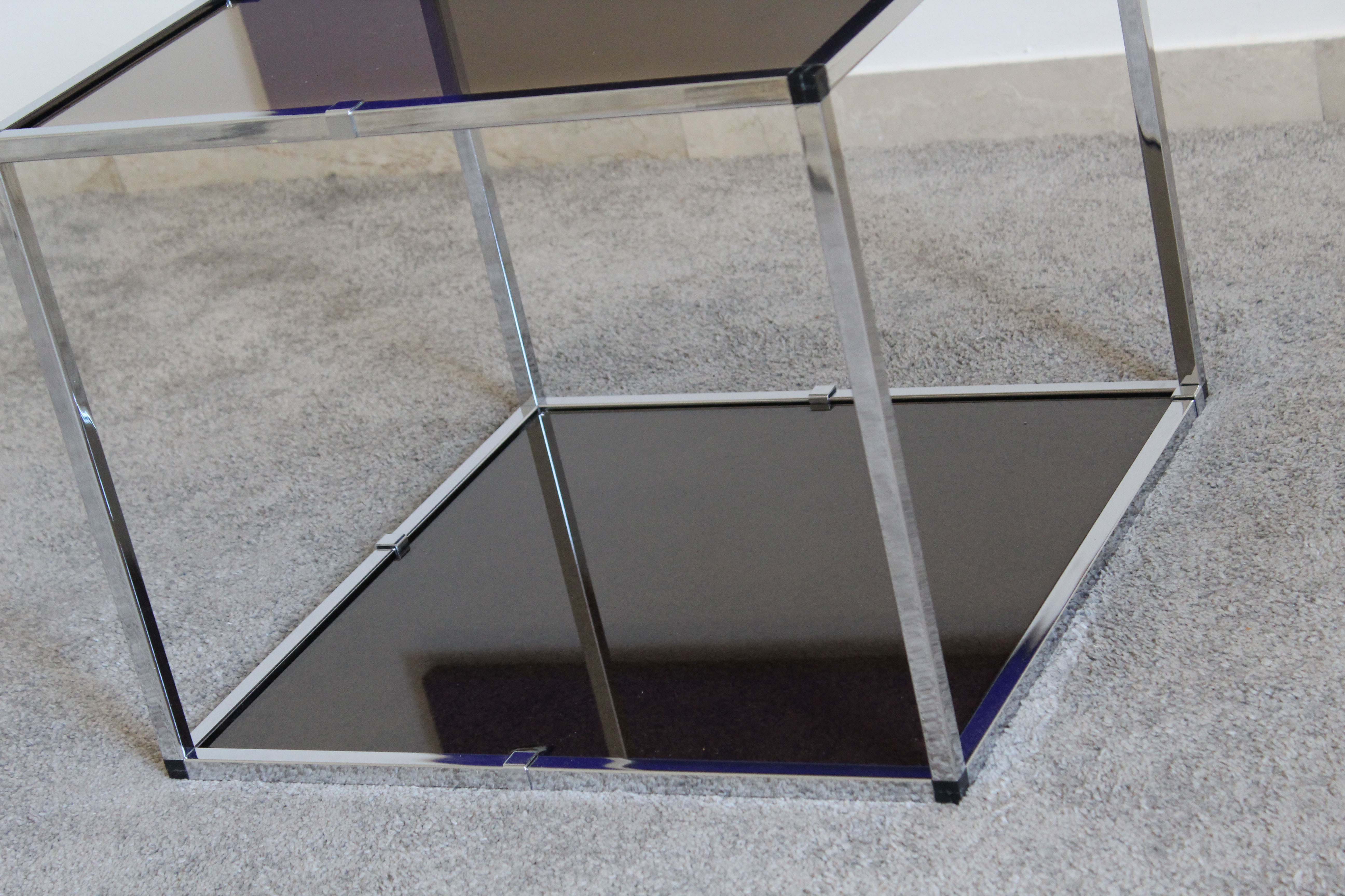 Pair of Coffee Tables in chromed metal and smoked glass, Italy 70's