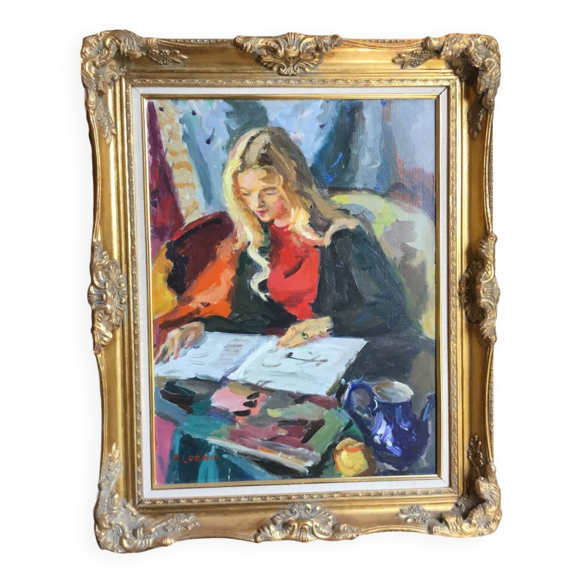 Pierre Cornu. 20th century. Portrait of a young woman reading. Oil on canvas