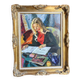 Pierre Cornu. 20th century. Portrait of a young woman reading. Oil on canvas