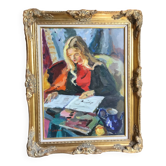 Pierre Cornu. 20th century. Portrait of a young woman reading. Oil on canvas