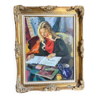 Pierre Cornu. 20th century. Portrait of a young woman reading. Oil on canvas