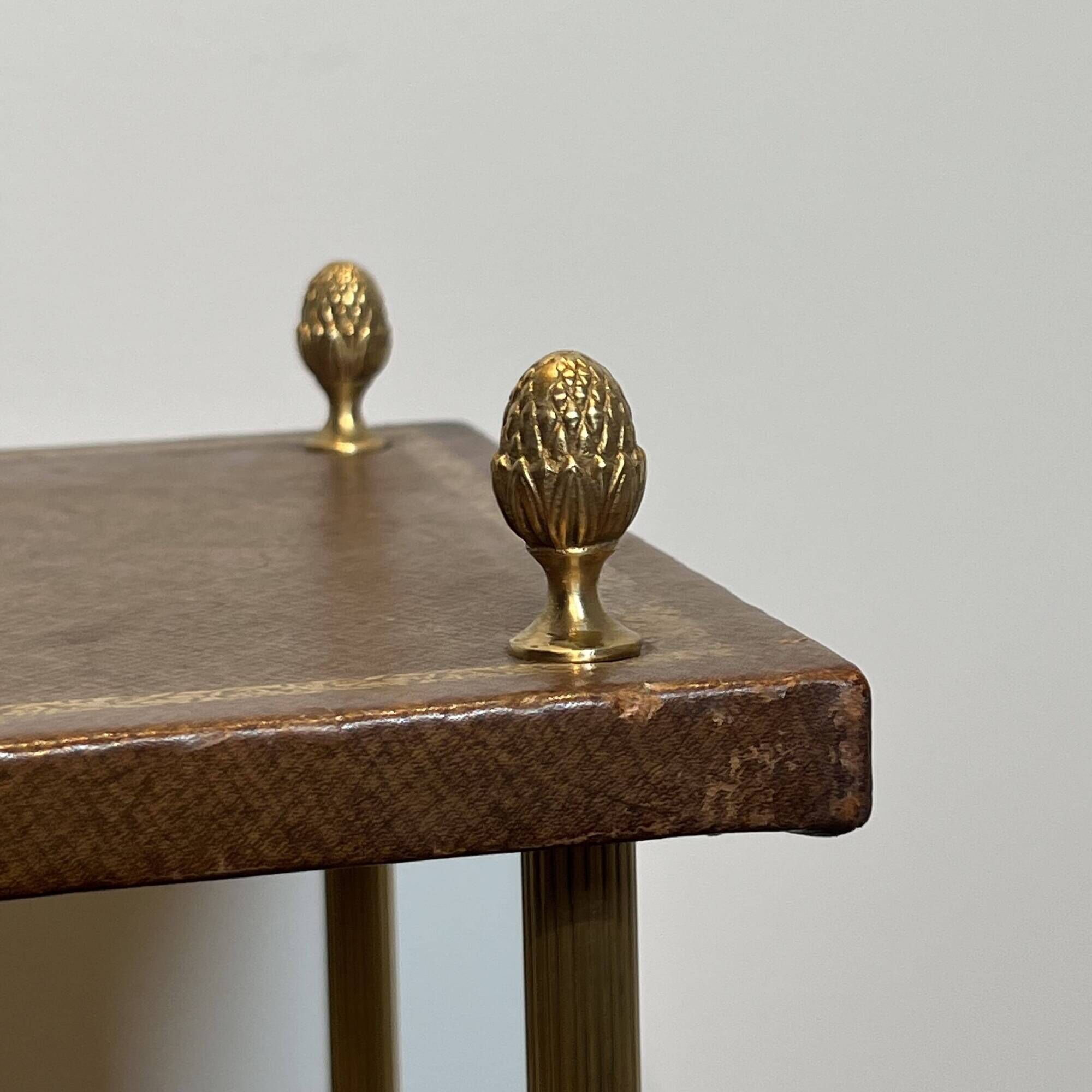 Double Tray Leather Sofa Table in Golden Tawny with Small Iron Details. Brass