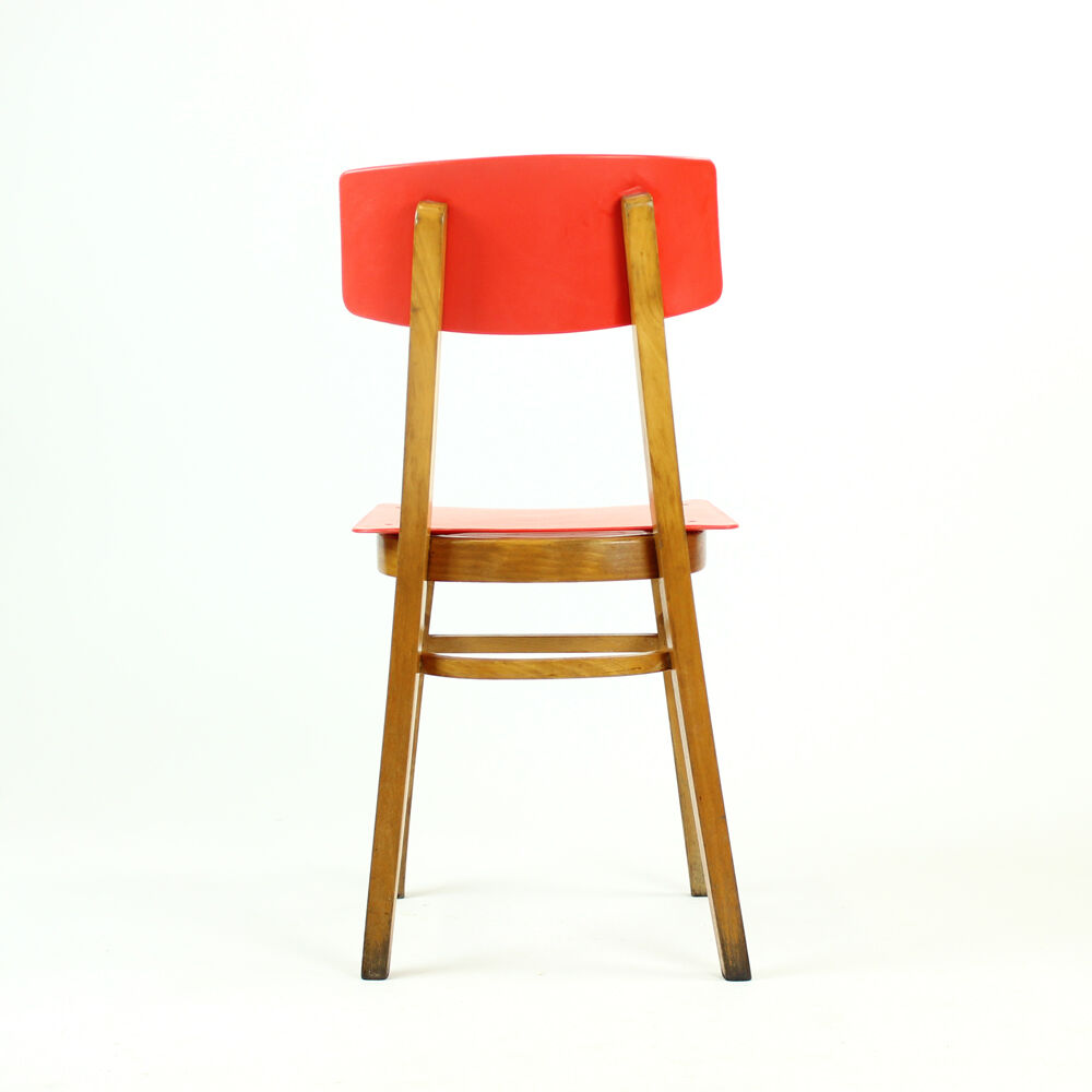 Midcentury chair in red and beech wood, Czechoslovakia circa 1960