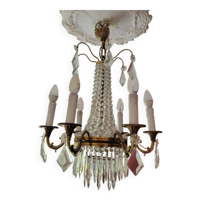 Lustre montgolfière 6 feux en bronze et pampilles en cristal, fin XIXème